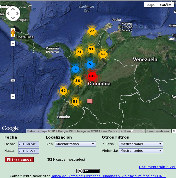 Mapa en GoogleMaps con datos del Banco de Datos del CINEP